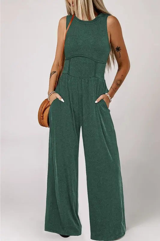 Cinched Waist Sleeveless Wide Leg Jumpsuit SHEWIN INC.