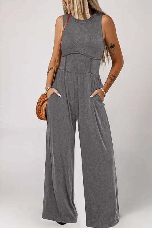 Cinched Waist Sleeveless Wide Leg Jumpsuit SHEWIN INC.