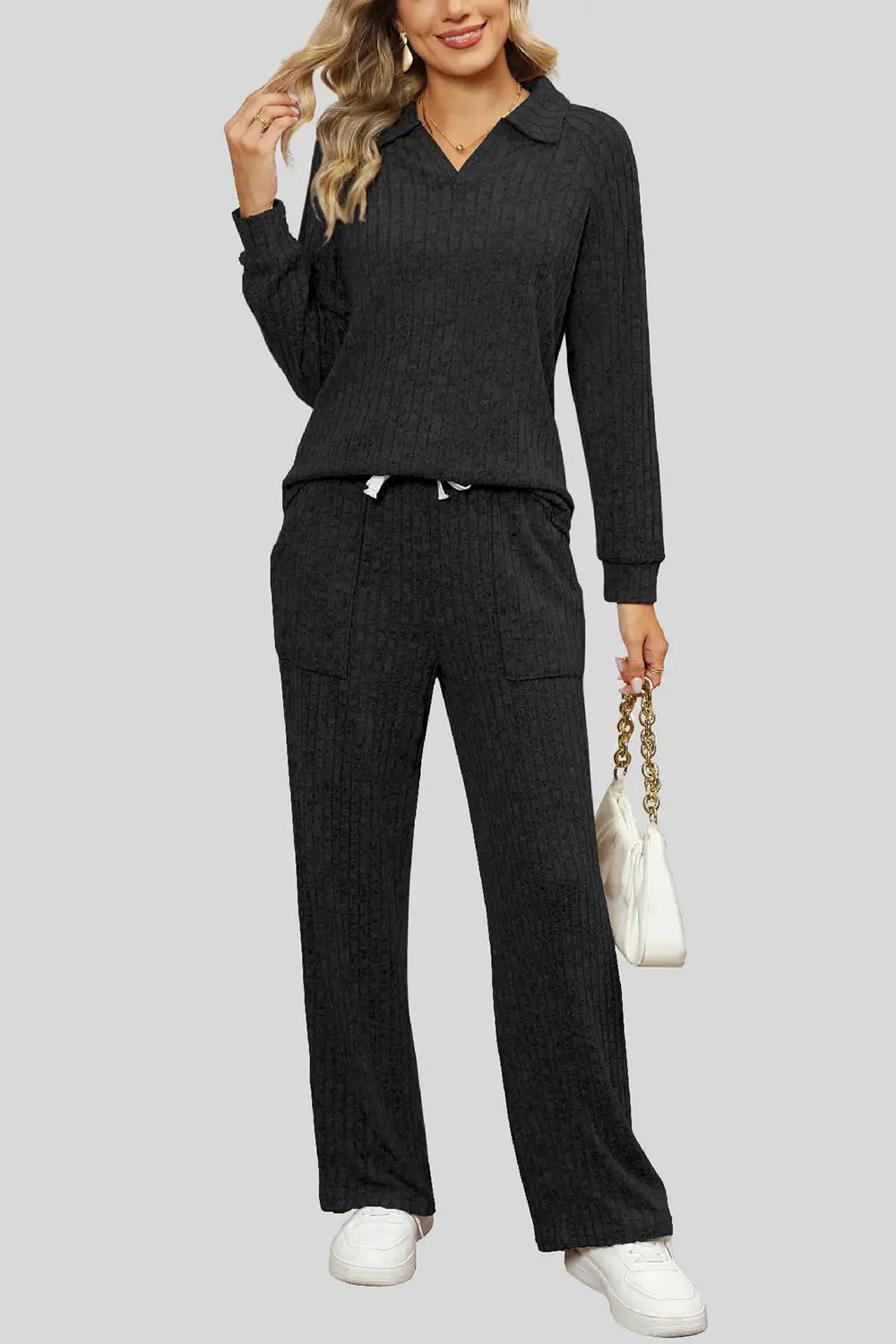 Ribbed Long Sleeve Top and Pocketed Pants Set Trendsi