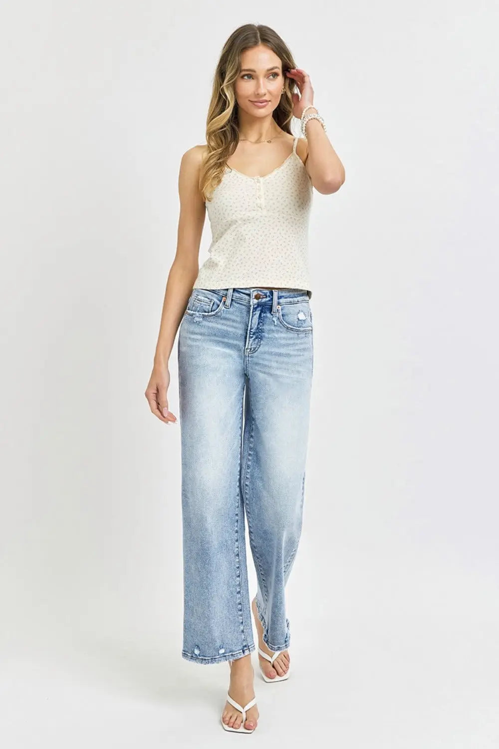 RISEN Full Size Tummy Control High Rise Crop Wide Leg Jeans Trendsi