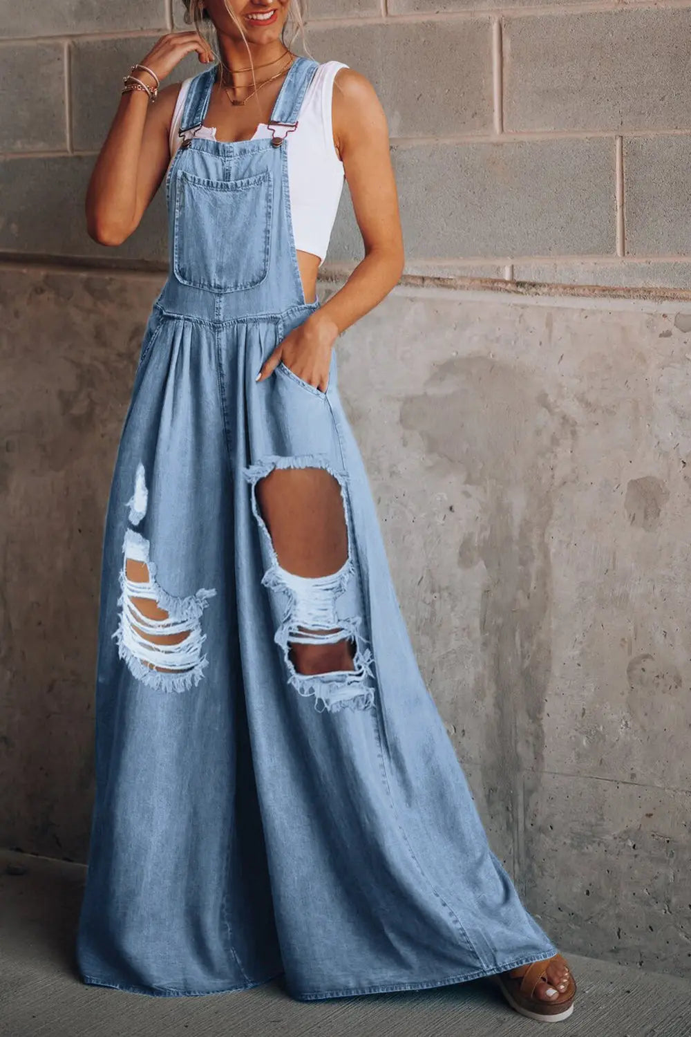 Distressed Wide Leg Denim Overalls Trendsi