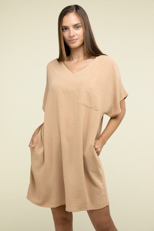 Woven Airflow V Neck T-Shirt Dress with Pockets - Pure Serenity DBA