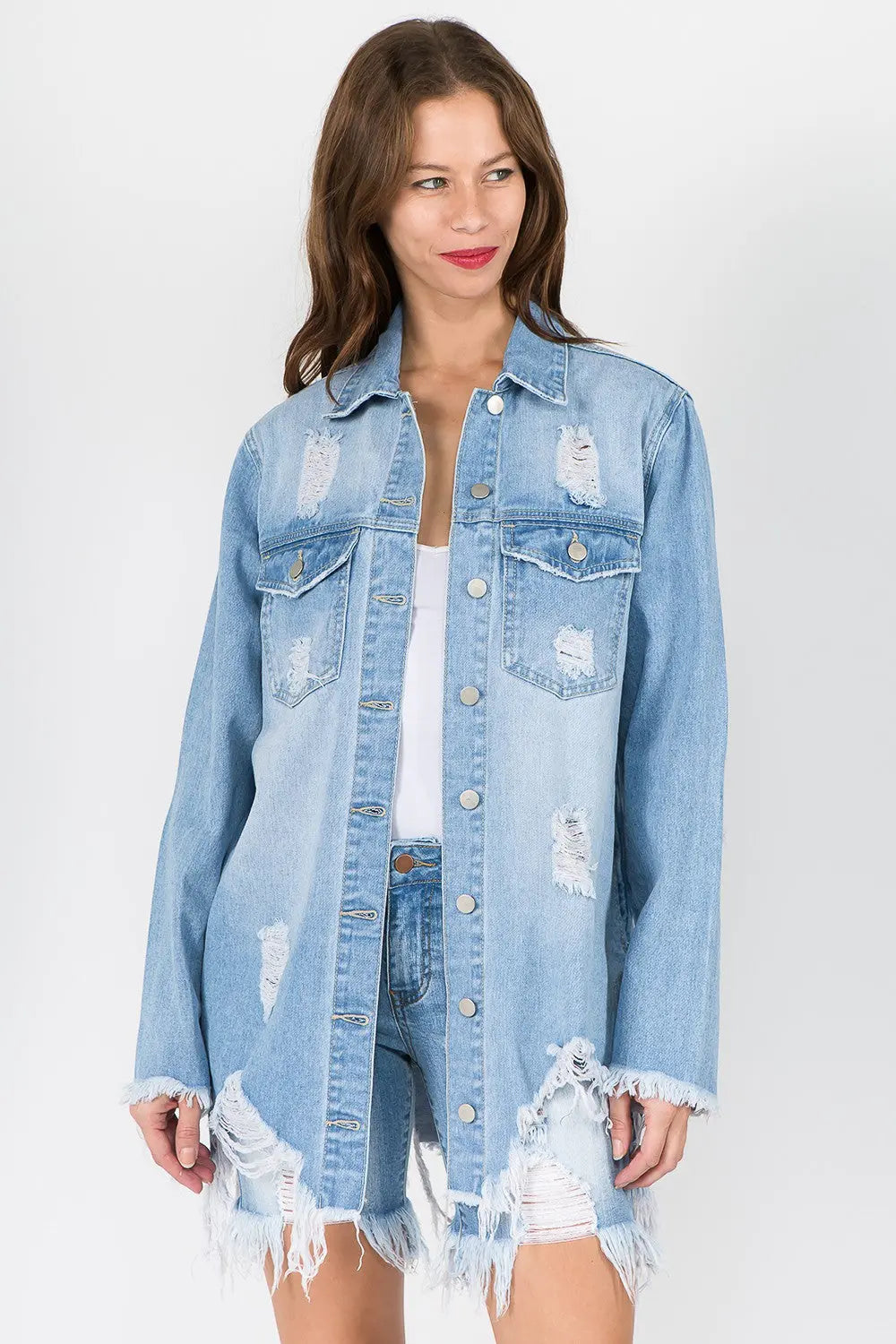 American Bazi Distressed Frayed Hem Denim Jacket Trendsi