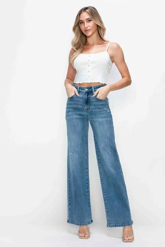 bytos Full Size High Rise Wide Leg Jeans with Pockets Trendsi