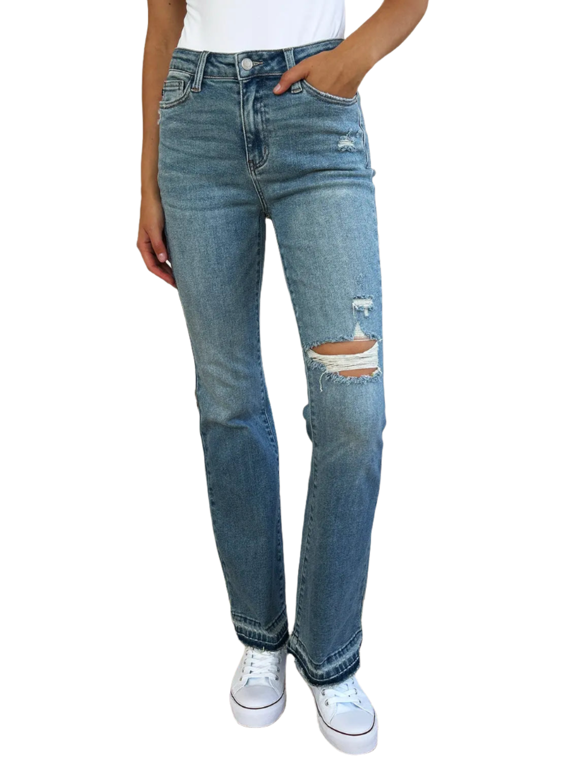 Judy Blue Full Size Mid Rise Destroyed Hem Distressed Jeans - Pure Serenity DBA