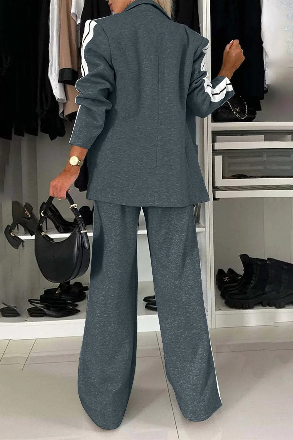 Full Size Contrast Lapel Collar Top and Pants Set Trendsi