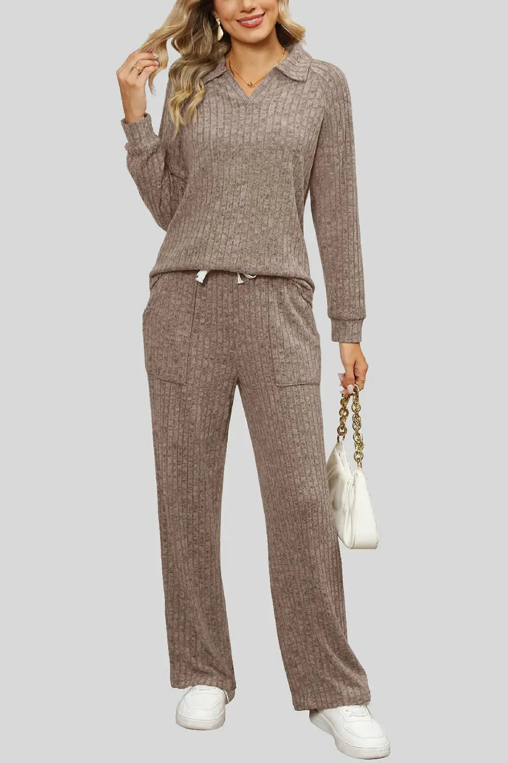 Ribbed Long Sleeve Top and Pocketed Pants Set Trendsi