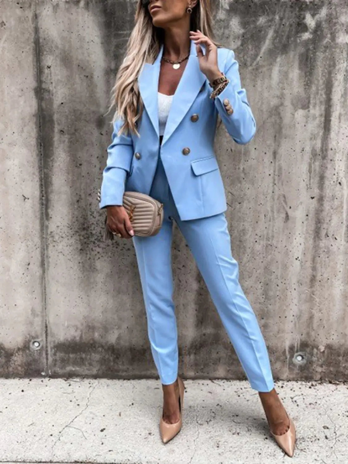 Lapel Collar Long Sleeve Blazer and Pants Set Trendsi