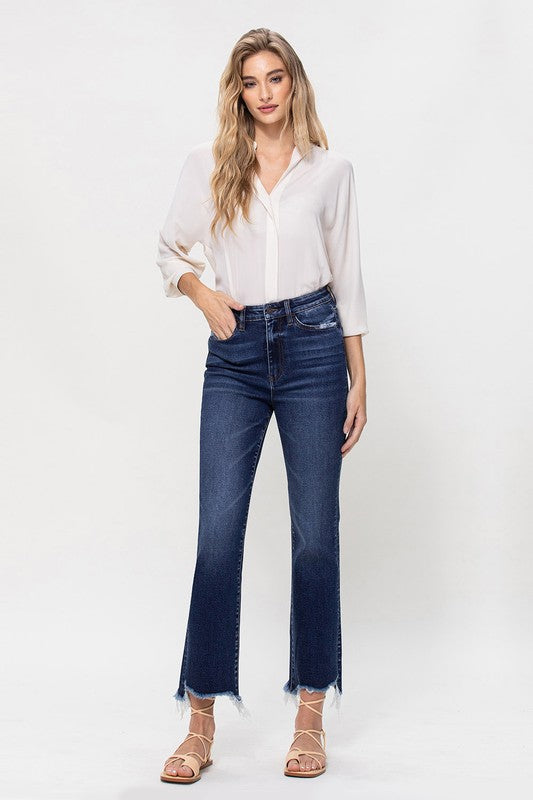 High Rise Distressed Hem Kick Flare Jeans - Pure Serenity DBA