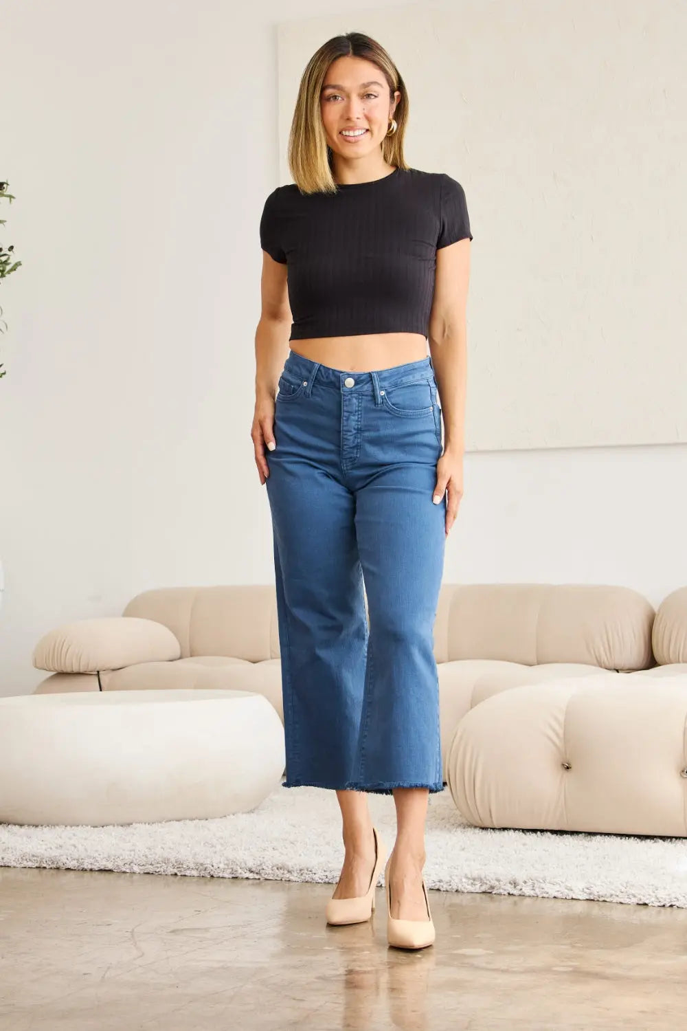 RFM Crop Chloe Full Size Tummy Control High Waist Raw Hem Jeans Trendsi