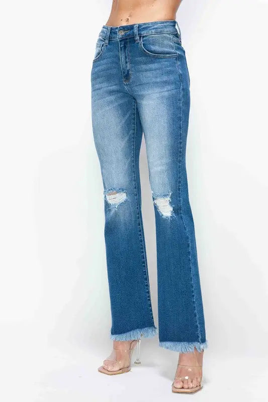 bytos Full Size Raw Hem Distressed High Rise Bootcut Jeans Trendsi