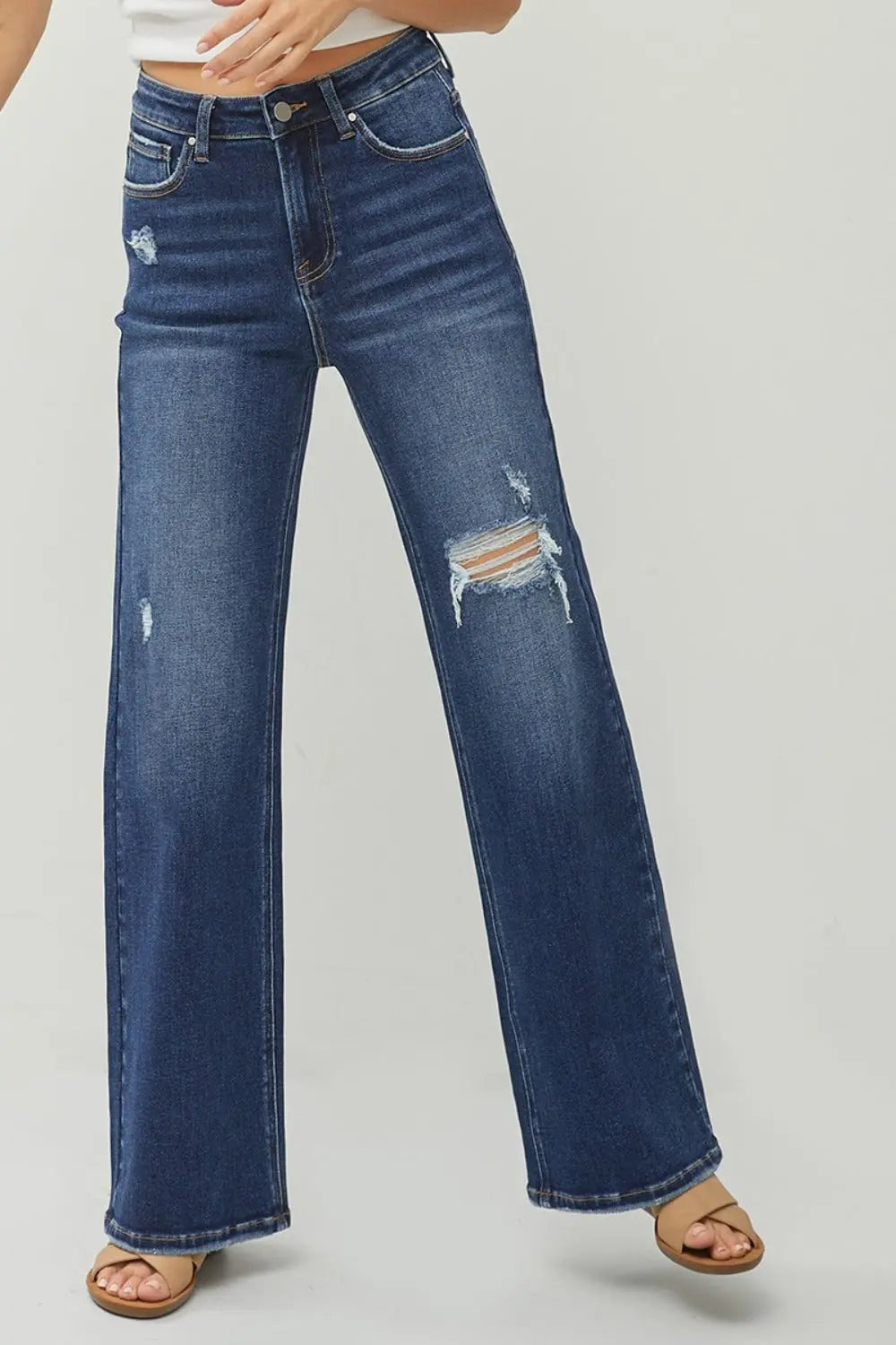 RISEN Full Size High Rise Distressed Wide Leg Jeans Trendsi