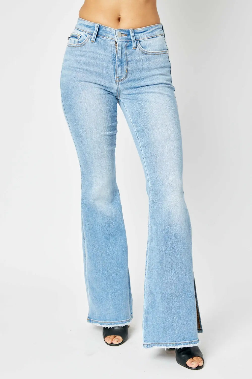 Judy Blue Full Size Mid Rise Raw Hem Slit Flare Jeans Trendsi