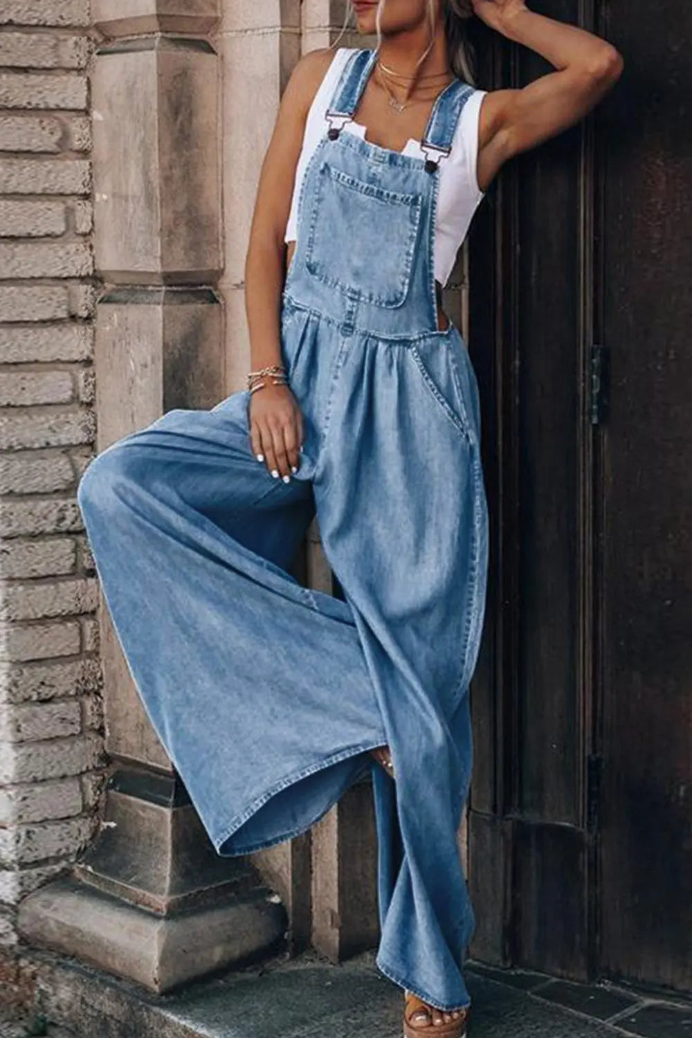 Distressed Wide Leg Denim Overalls Trendsi