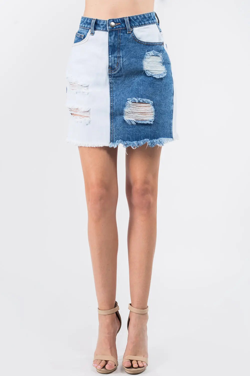 American Bazi Contrast Patched Frayed Denim Distressed Skirts - Pure Serenity DBA