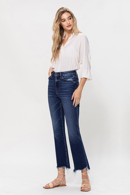 High Rise Distressed Hem Kick Flare Jeans - Pure Serenity DBA