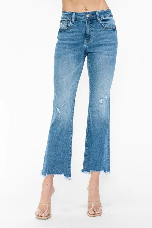 bytos Raw Hem Distressed Mid Rise Crop Jeans Trendsi