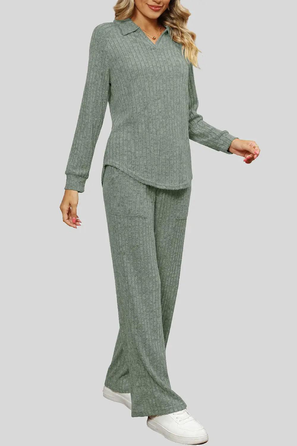 Ribbed Long Sleeve Top and Pocketed Pants Set Trendsi