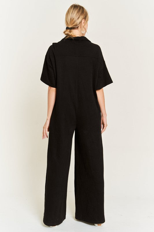 Basic Collar Shirt Wide leg Jumpsuit - Pure Serenity DBA