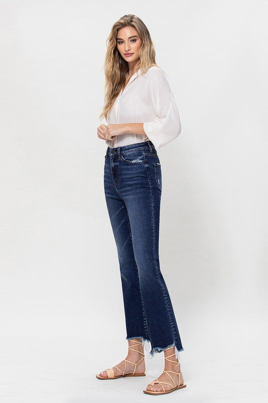 High Rise Distressed Hem Kick Flare Jeans - Pure Serenity DBA