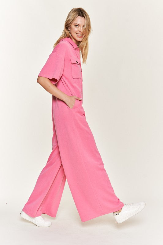 Basic Collar Shirt Wide leg Jumpsuit - Pure Serenity DBA