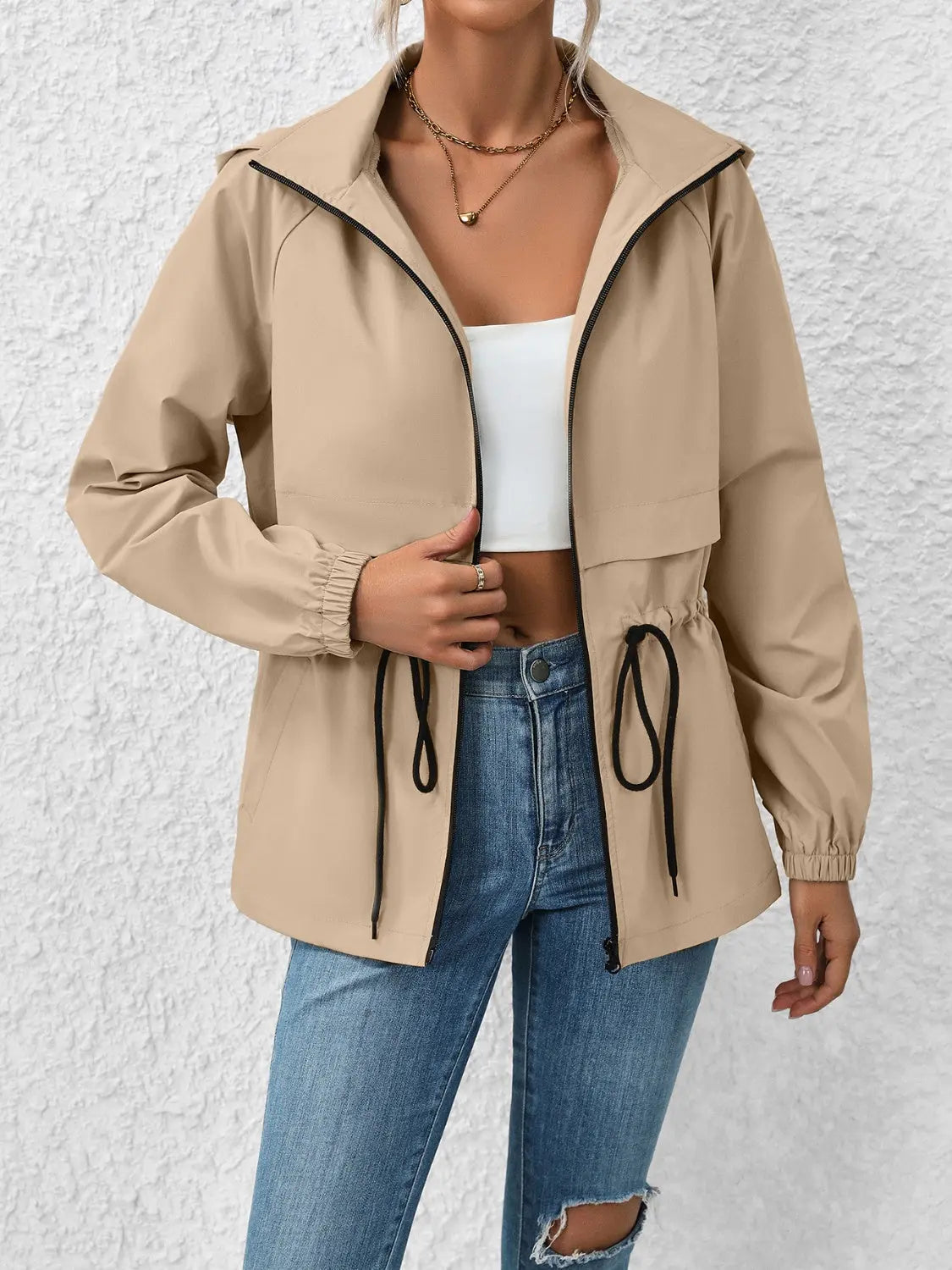 Ivy Lane Drawstring Zip Up Hooded Jacket Trendsi