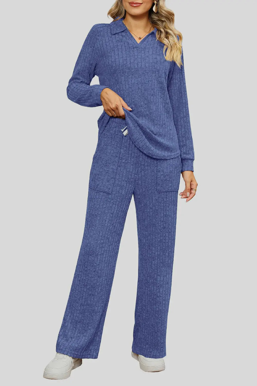 Ribbed Long Sleeve Top and Pocketed Pants Set Trendsi