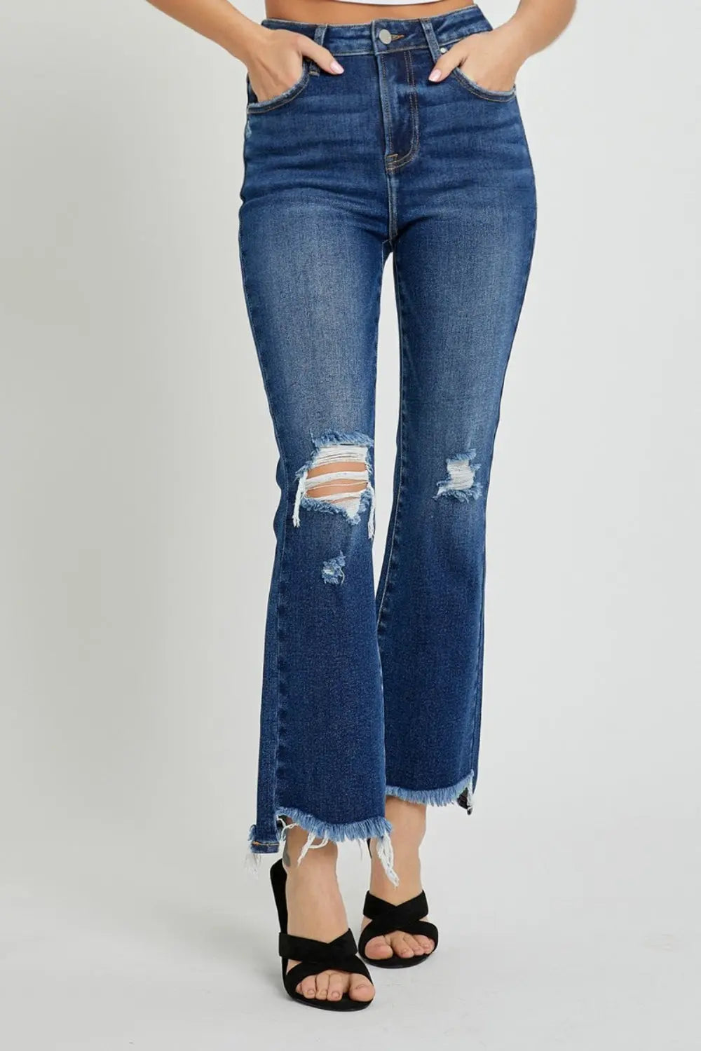 RISEN High Rise Distressed Crop Flare Jeans Trendsi