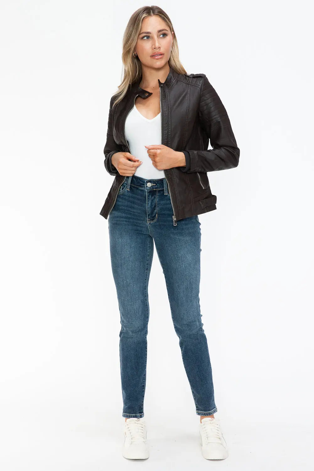 Snobbish PU Leather Biker Jacket with Side Zip Pockets Trendsi