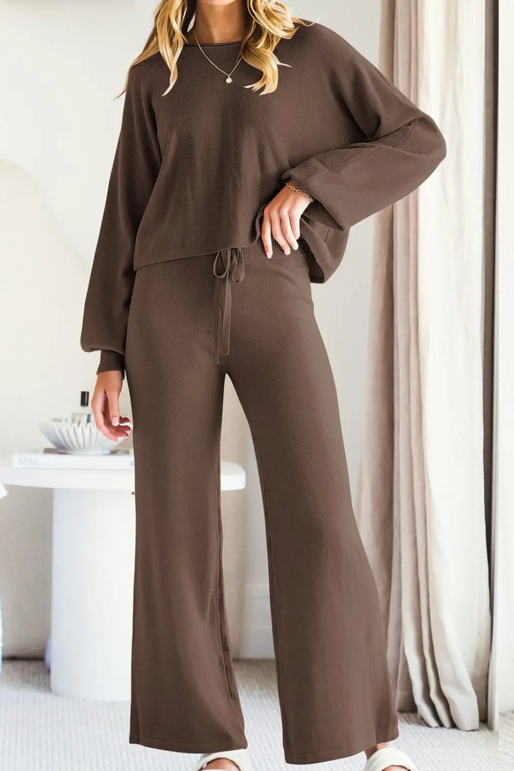 Round Neck Long Sleeve Top and Pants Set Trendsi