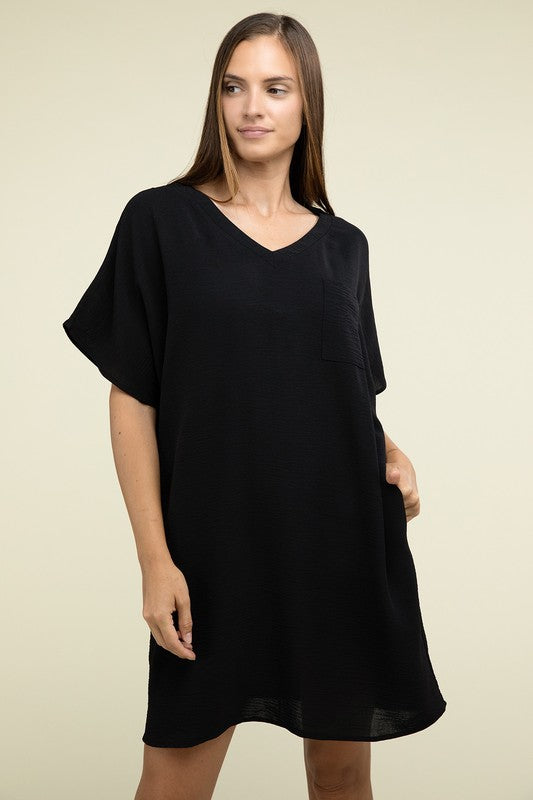 Woven Airflow V Neck T-Shirt Dress with Pockets - Pure Serenity DBA