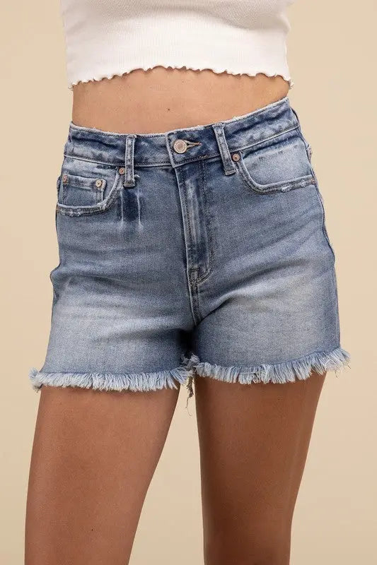 Mid Rise Raw Frayed Hem Denim Shorts ZENANA