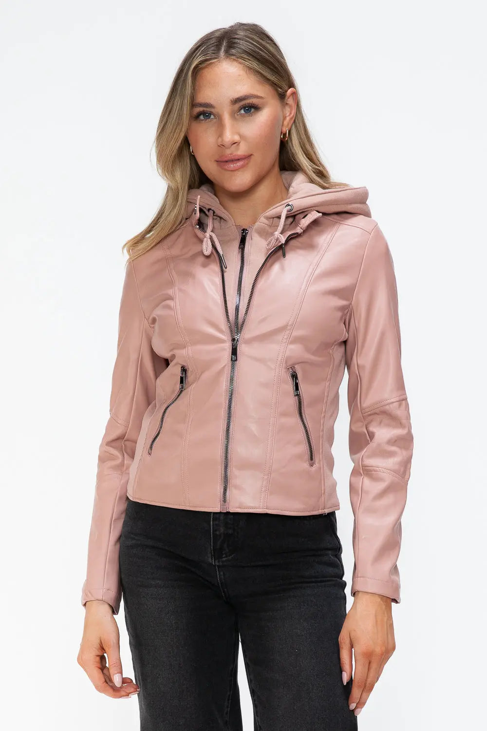 Snobbish Faux Leather Zip Up Drawstring Hooded Jacket Trendsi