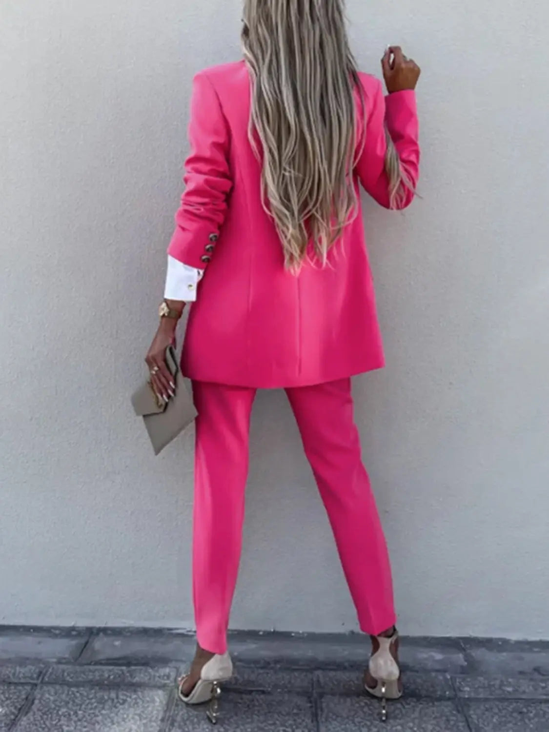 Lapel Collar Long Sleeve Blazer and Pants Set Trendsi