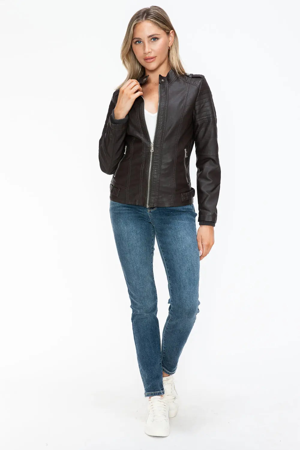 Snobbish PU Leather Biker Jacket with Side Zip Pockets Trendsi