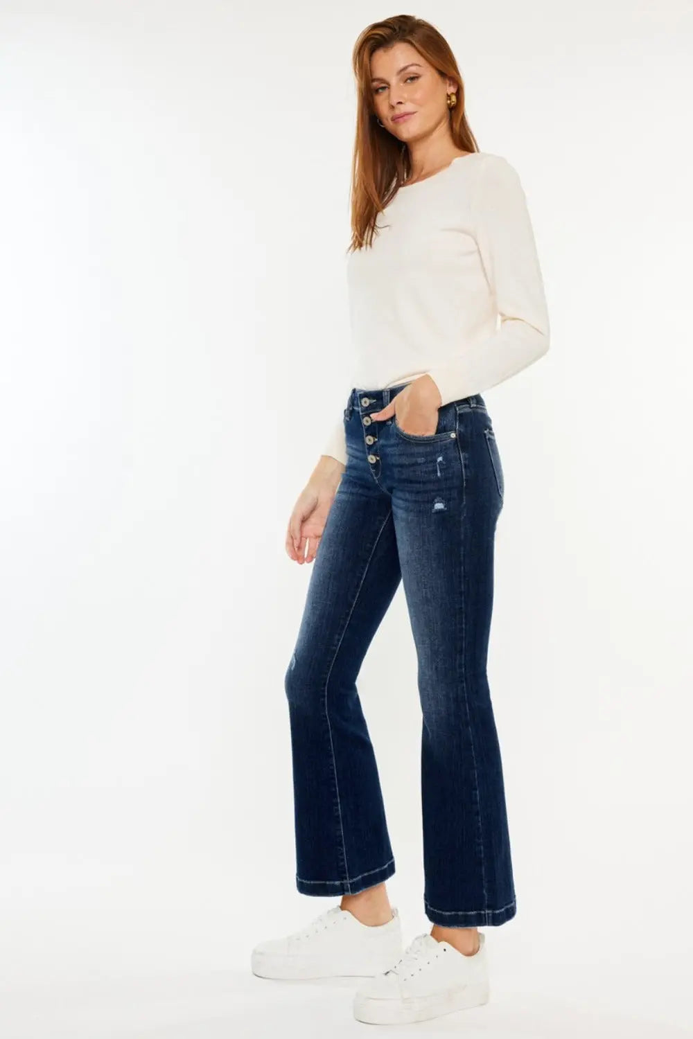 Kancan Mid Rise Button Fly Flare Jeans Trendsi