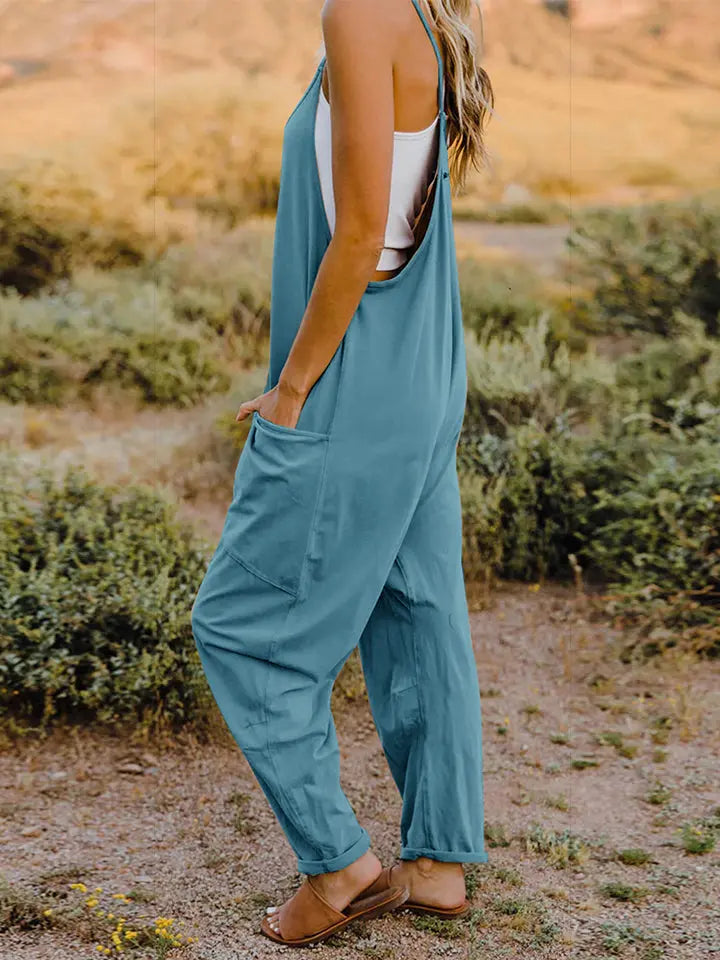 Double Take Full Size V-Neck Sleeveless Jumpsuit with Pockets Trendsi