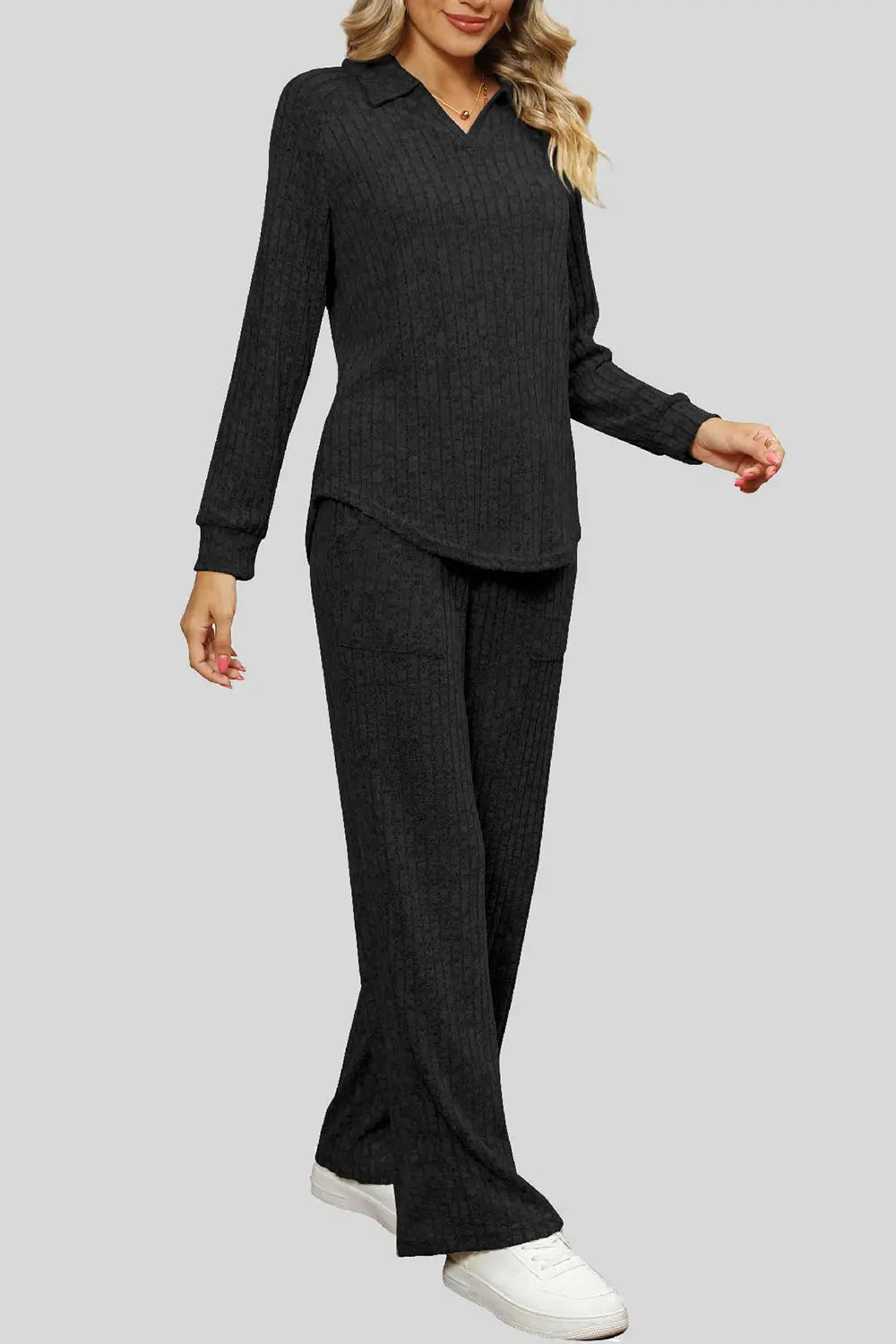 Ribbed Long Sleeve Top and Pocketed Pants Set Trendsi