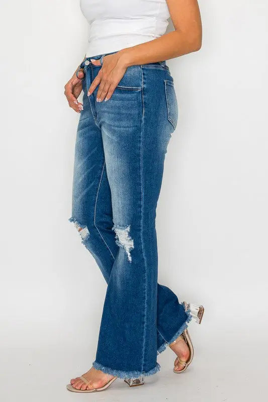 bytos Full Size Raw Hem Distressed High Rise Bootcut Jeans Trendsi