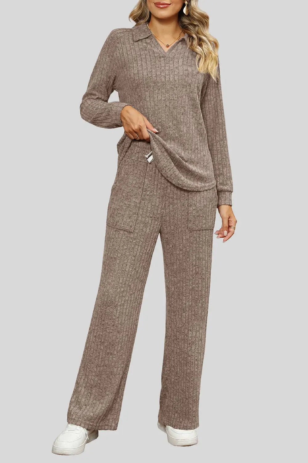 Ribbed Long Sleeve Top and Pocketed Pants Set Trendsi