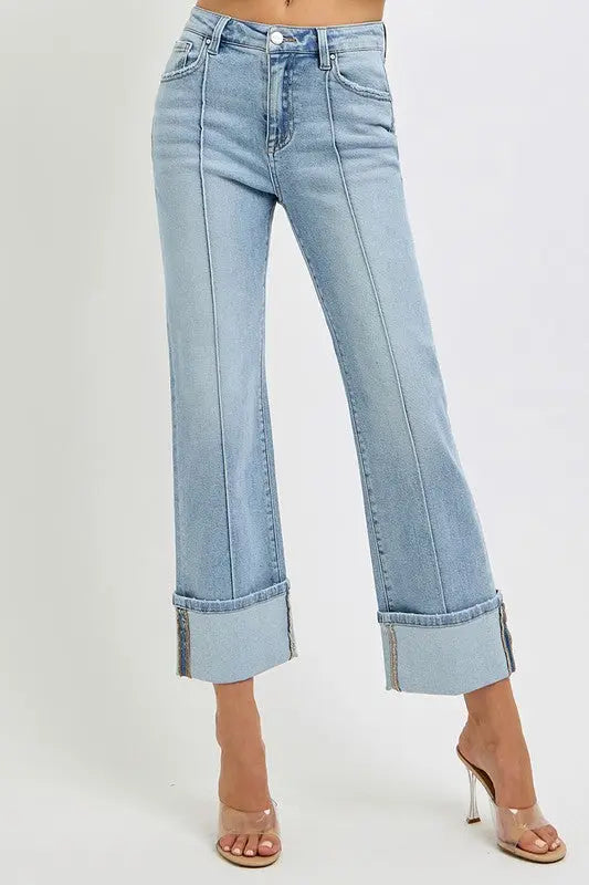 RISEN Plus Size Ankle Straight Leg Cuffed Jeans Trendsi