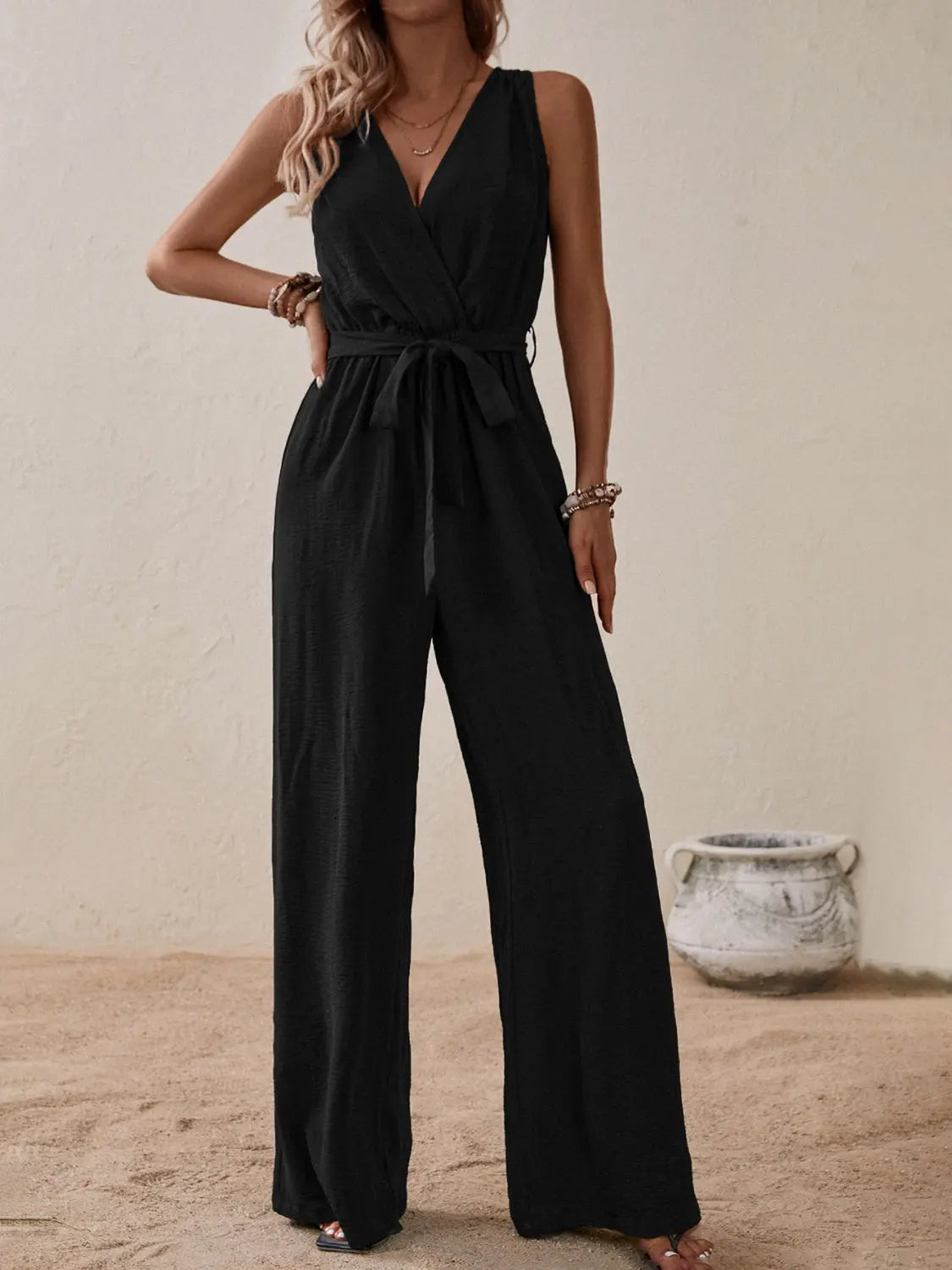 Honey Tied Surplice Sleeveless Wide Leg Jumpsuit Trendsi