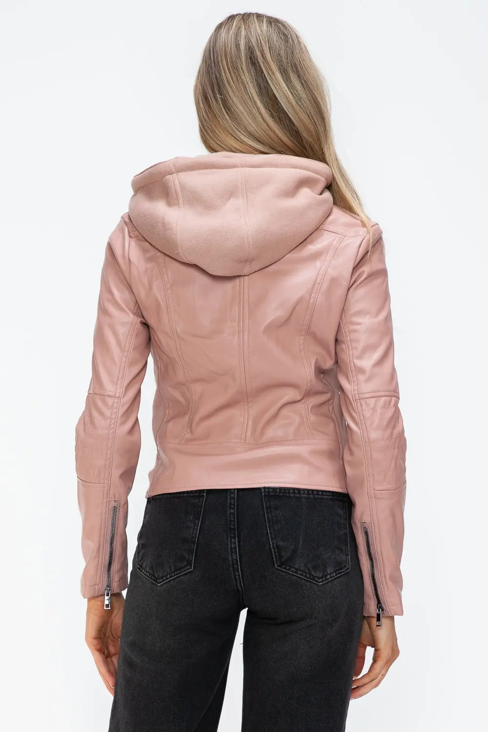 Snobbish Faux Leather Zip Up Drawstring Hooded Jacket Trendsi