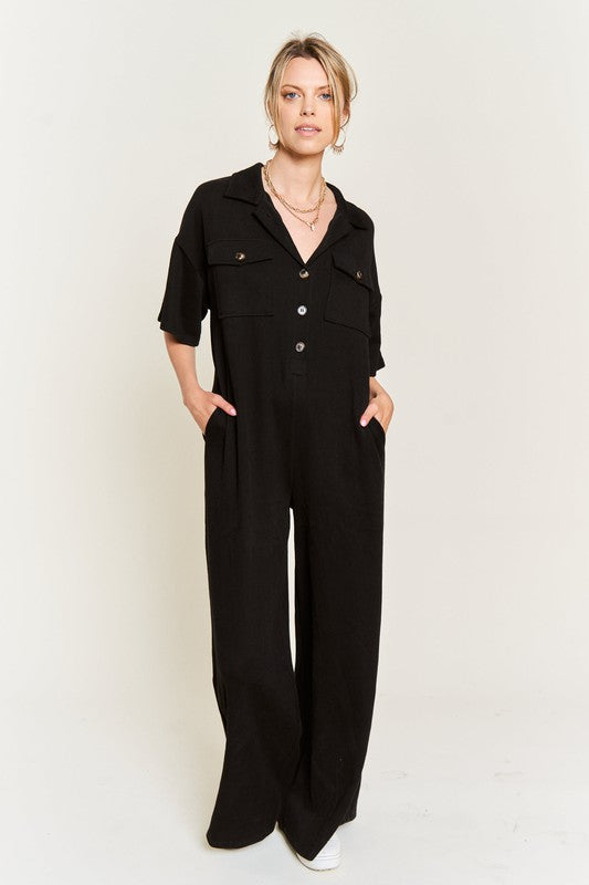 Basic Collar Shirt Wide leg Jumpsuit - Pure Serenity DBA