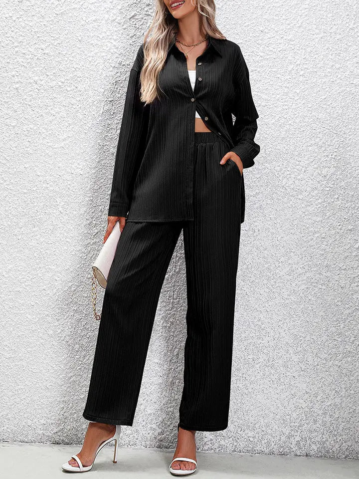 Long Sleeve Shirt and Pants Set Trendsi