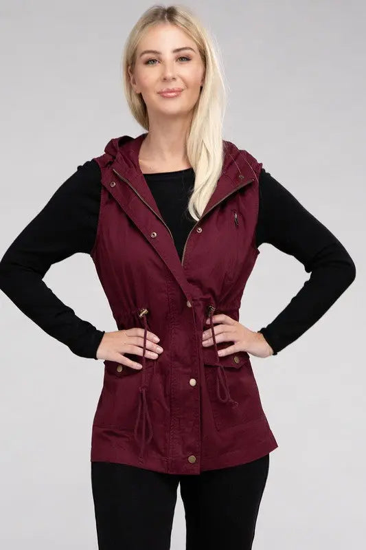 Drawstring Waist Military Hoodie Vest ZENANA