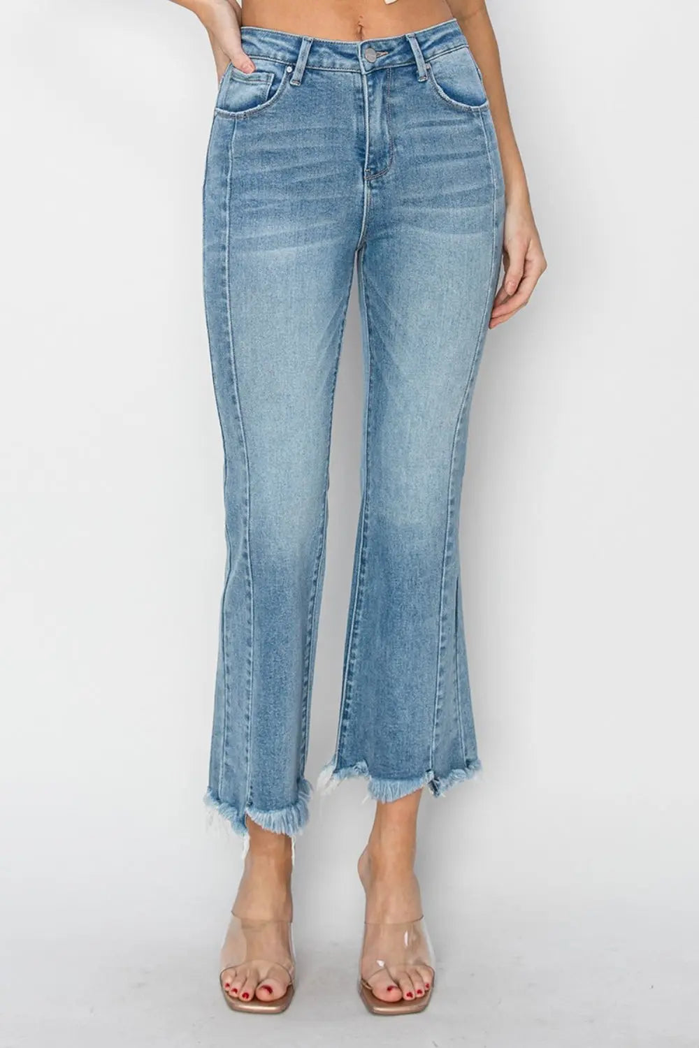 RISEN Full Size High Rise Frayed Hem Flare Jeans Trendsi