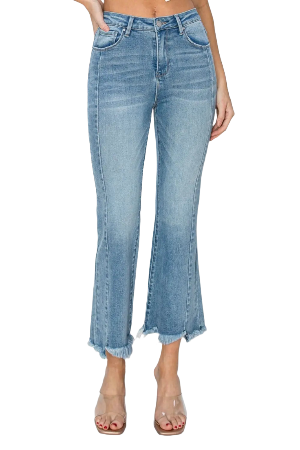 RISEN Full Size High Rise Jeans Frayed Hem Flare - Pure Serenity DBA