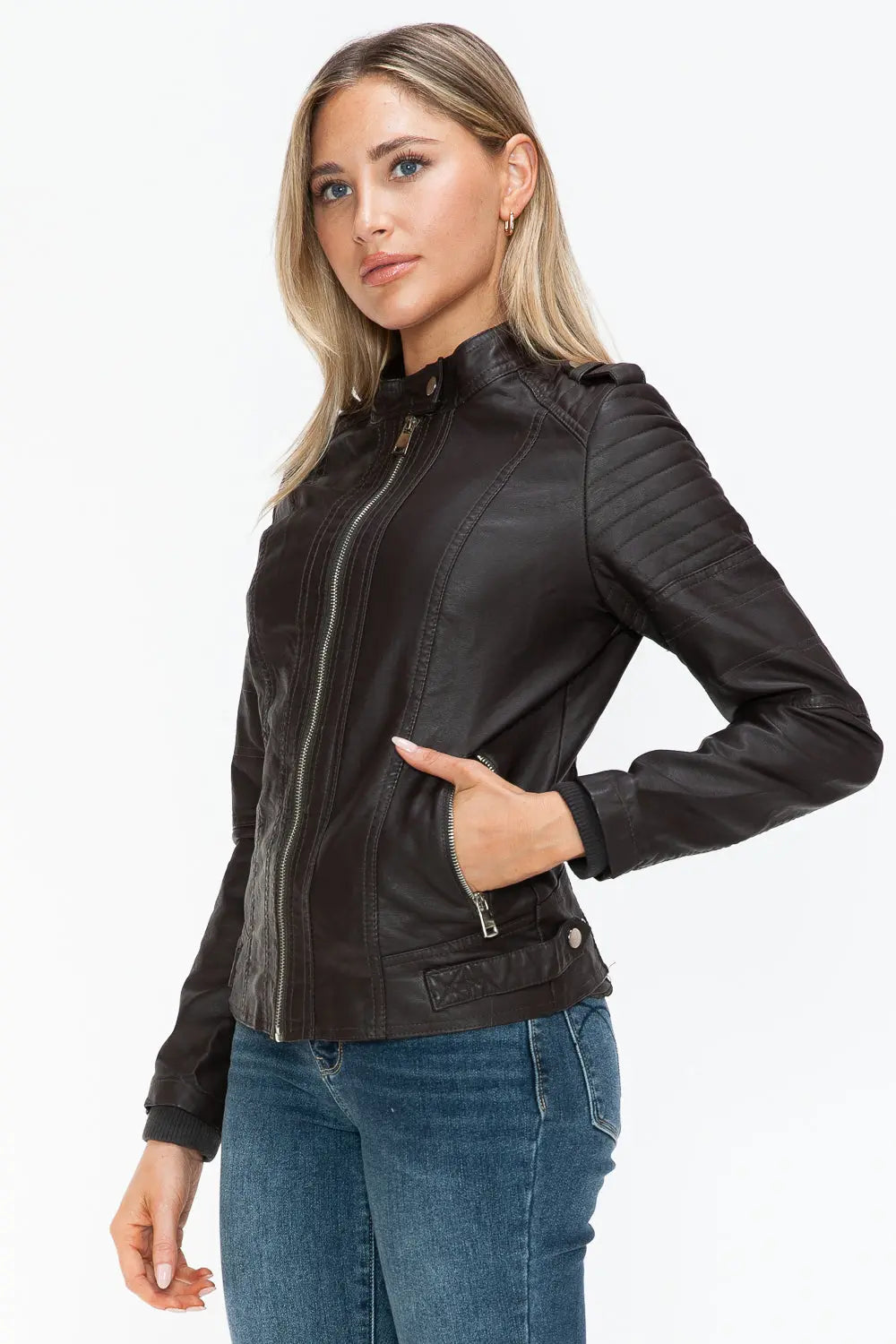 Snobbish PU Leather Biker Jacket with Side Zip Pockets Trendsi