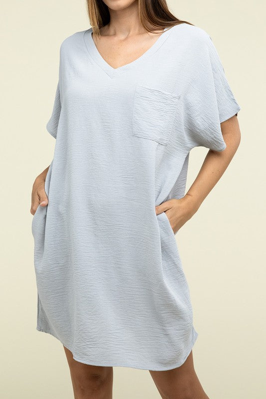 Woven Airflow V Neck T-Shirt Dress with Pockets - Pure Serenity DBA